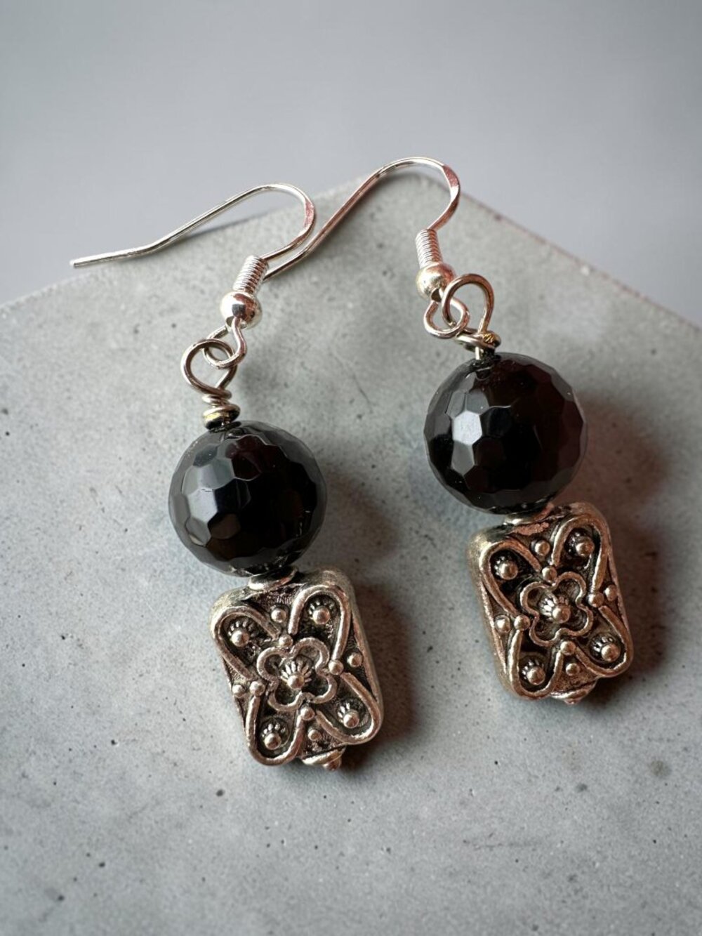 Faceted Black Onyx Earrings 925 Sterling Silver Ear Wires Gemstone Dangle 2"